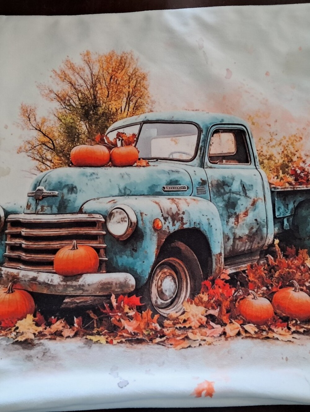Vintage Blue Truck with Pumpkins Throw Pillow Cover 17in X 17in